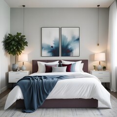 Modern white cotton bedroom with sleek, gray-toned furniture, metal accent pieces, and subtle pops of greenery