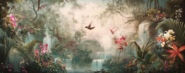 Vintage wallpaper of a colorful rainforest with hummingbirds, orchids and cascading streams in pastel tones. mural art style. 
