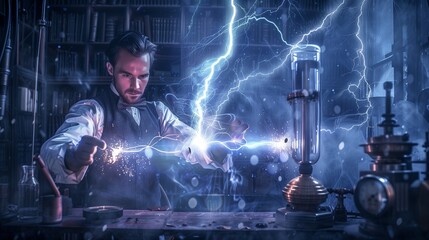 Fototapeta premium A scientist in the laboratory conducts experiments with electricity