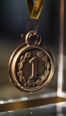 First Place Gold Medal on Display with Engraved Number One and Laurel Wreath &ndash; Perfect for Award Themes