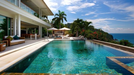 big pool and luxury villa in the afternoon 