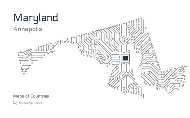 Maryland Map with a capital of Annapolis Shown in a Microchip Pattern. Silicon valley, E-government. United States vector maps. Microchip Series	
