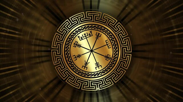 Gold Vegvisir Pagan Runic Compass. Circle Asatru Viking in motion. Norse Mythology Protective talisman. Magical Navigator footage on the golden radiant galaxy space