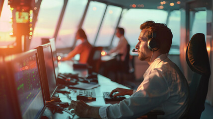 Male air traffic controller monitoring flights at sunset.