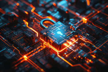 A futuristic digital padlock glowing on a dark circuit board background. The high-tech image symbolizes cybersecurity and the protection of digital data.