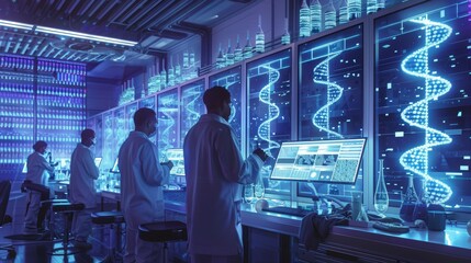 Obraz premium Futuristic DNA Data Storage Lab with Scientists and Holographic Displays for Advanced Research