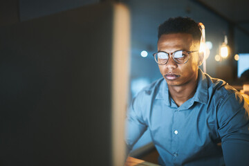 Office, computer and business man in dark for website, research and web design software. Corporate,...