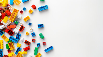 colorful toy building bricks on white background, with copy space