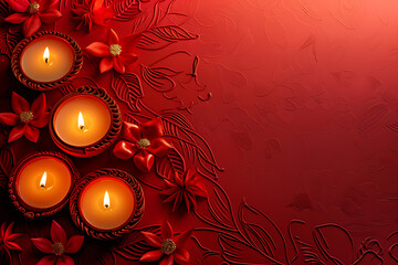 Illuminated Oil Lamps Decorated Diya and Mandala Pattern Background for Happy Diwali Celebration