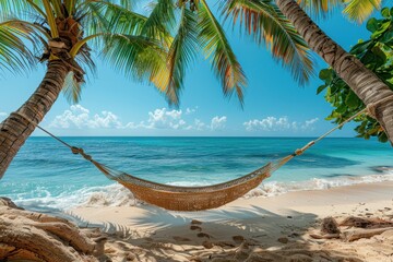Naklejka premium A tranquil beach hammock tied between two palm trees, overlooking a clear blue ocean and a distant horizon.