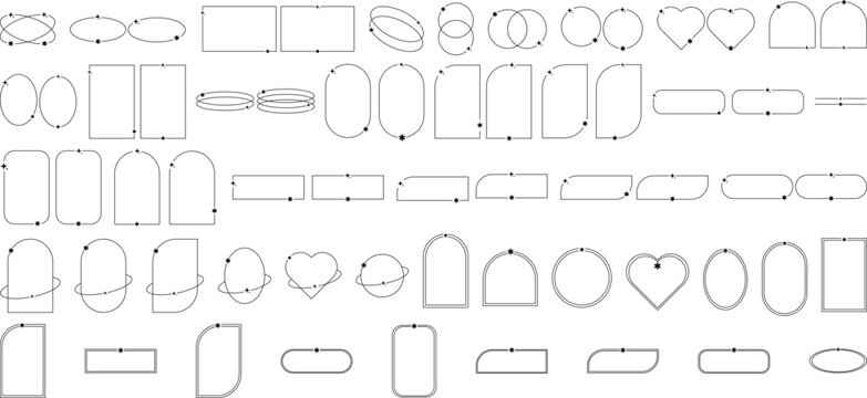 Modern aesthetic minimalist linear arch with different geometric shapes. Trendy line elements set, Ornament frames and borders with twinkle stars and flower