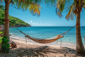 A tranquil beach hammock tied between two palm trees, overlooking a clear blue ocean and a distant horizon.