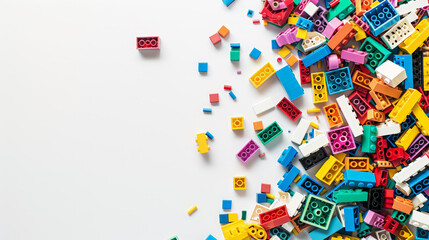 colorful toy building bricks on white background, with copy space