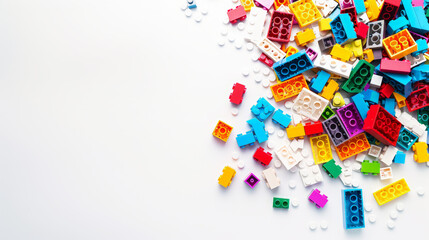 colorful toy building bricks on white background, with copy space