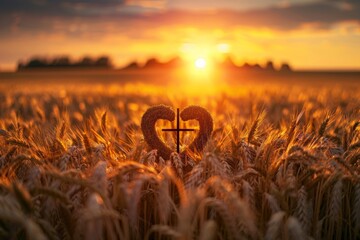 A heart with a cross in the center in the middle of a wheat field at sunset