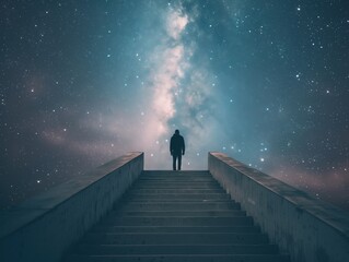 Person steht auf Treppe unter Sternenhimmel