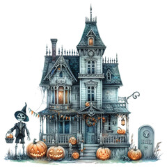 Halloween Creepy doll house Watercolor Clipart