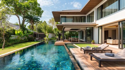 Exterior design of spacious modern luxury pool villa. Feature wooden decking, sunbed, big swimming pool and greenery garden home, house , building , hotel, resort 