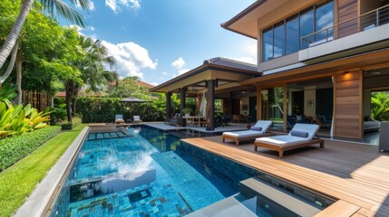 Fototapeta premium Exterior design of spacious modern luxury pool villa. Feature wooden decking, sunbed, big swimming pool and greenery garden home, house , building , hotel, resort 