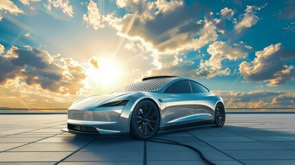 Obraz premium Sleek Solar-Powered Electric Car Charging by Modern House with Solar Roof at Sunset