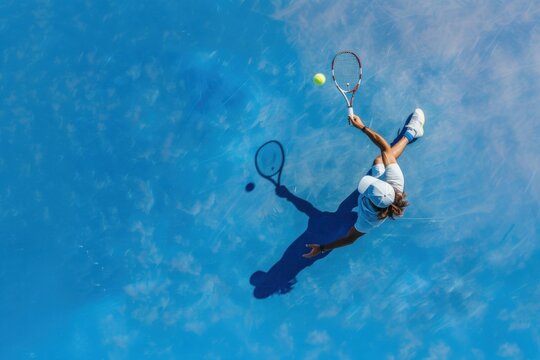 Overhead view of a tennis player serving on a blue court.
