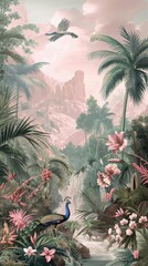 Whimsical Rainforest Tapestry Pastel Jungle with Exotic Fauna and Flora
