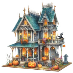 Fototapeta premium Halloween Creepy doll house Watercolor Clipart