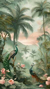 Pastel Jungle Panorama Enchanting Rainforest with Exotic Wildlife and Misty Mountains