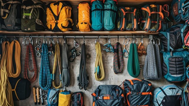 Organized Display of Climbing Gear with Ropes, Harnesses, Carabiners, and Chalk Bags for Outdoor Adventure