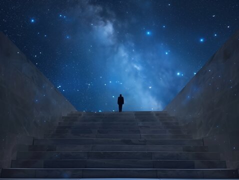 Person steht auf Treppe unter Sternenhimmel