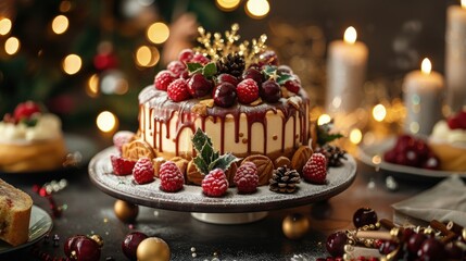 Festive Christmas cake decorated with berries and festive ornaments on a table with candles, creating a cozy holiday atmosphere.