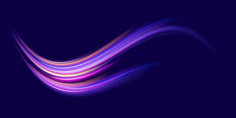 Abstract neon light rays background. A Colorful Motion Background of City Light Trails. Purple glowing wave swirl, impulse cable lines. Long time exposure. Vector