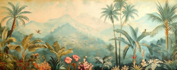 Enchanting Pastel Jungle with Exotic Wildlife and Lush Flora