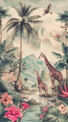 Enchanting Jungle Wallpaper with Giraffes and Hummingbirds in Pastel Colors. Vibrant Rainforest Scene Featuring Exotic Flora and Serene Mountain Background.