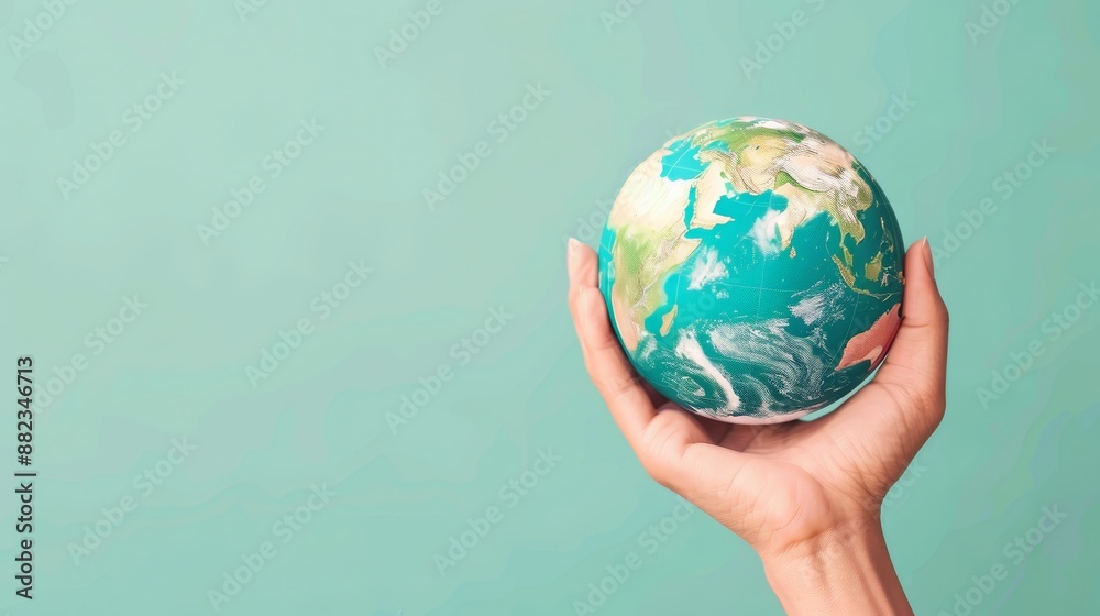 Wall mural Hand Holding Earth Globe on Green Background.