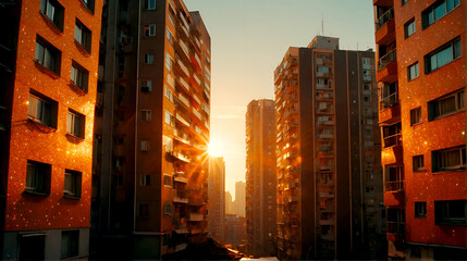The orange-coloured sun peeking out from between two high rise buildings