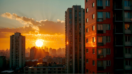 The orange-coloured sun peeking out from between two high rise buildings