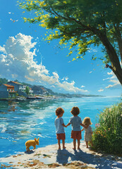 Create an image of a perfect world featuring children playing, peace, beautiful weather, green landscapes, blue skies, water, the sea on the horizon, family homes, happiness, and animals