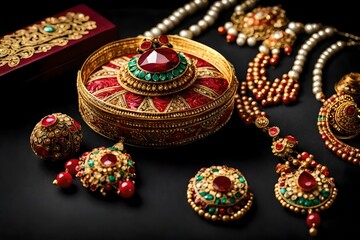 Traditional Jewellery with earring, mangteeka and beautiful box on black background. selective focus.