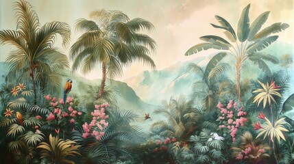 Enchanted Rainforest Wallpaper Vibrant Parrots and Sleek Jaguars Amid Pastel Hues