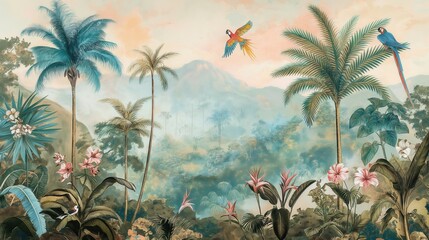 Enchanted Rainforest with Vibrant Wildlife and Lush Palm Trees in Pastel Tones. Captivating Vintage Jungle Wallpaper Featuring Exotic Flowers and Serene Rolling Hills.