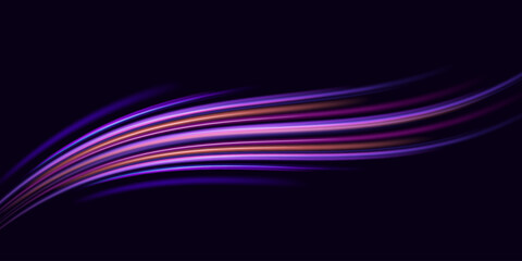 Abstract neon light rays background. A Colorful Motion Background of City Light Trails. Purple glowing wave swirl, impulse cable lines. Long time exposure. Vector