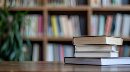 A stack of books on a wooden table in a library setting, with blurred bookshelves in the background and a plant.