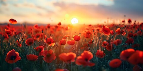 Obraz premium Sunset over a field of red poppies. Concept Landscape Photography, Nature Scenes, Sunset Silhouettes, Flower Fields, Colorful Skies