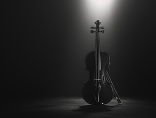 Black and white image of an upright violin with stage spotlight highlighted against a dark background.