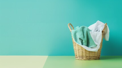 Laundry and basket on green and blue background
