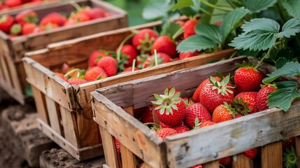 Many fresh red strawberries in wooden baskets after harvest on organic strawberry farm
