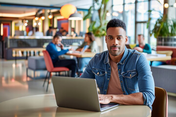 Confident Young Man Working on Laptop in Modern Cafe