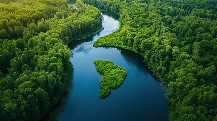 Aerial View of a River Winding Through a Lush Forest
