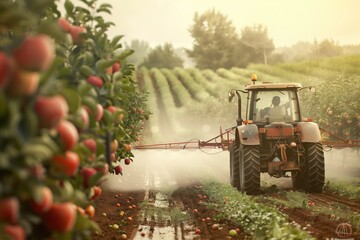 Fototapeta premium Farmer tends to apple orchard with tractor harvesting ripe apples. Green landscape with rows of trees, fluffy white clouds in blue sky. Eco-friendly farming, sustainable agriculture, autumn harvest.